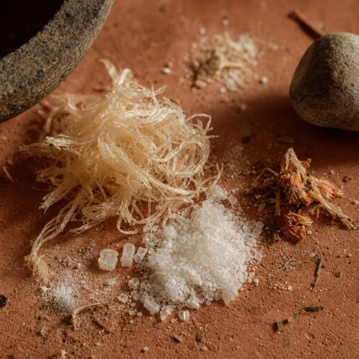 Collagen peptide powder on terracotta with mortar