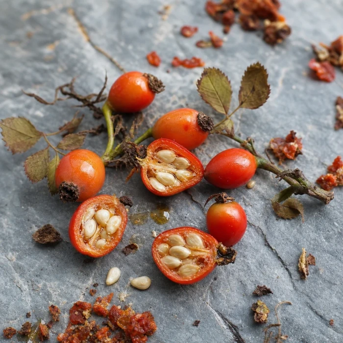 Cut rosehip berries on cool mineral stone