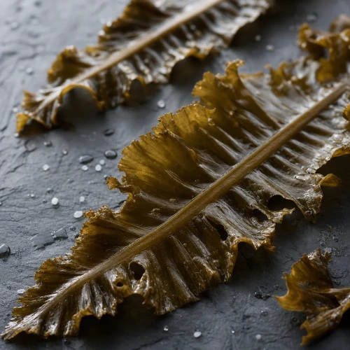 Fresh winged kelp fronds on dark slate