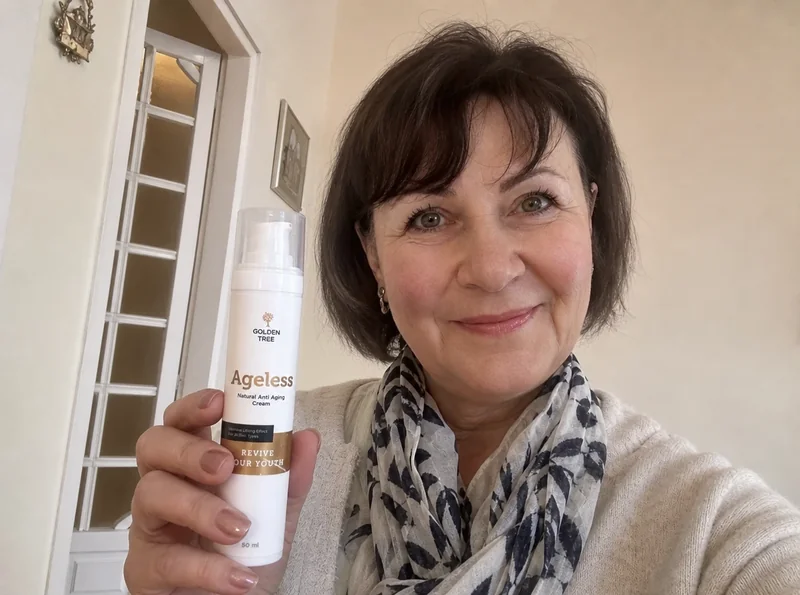 Woman aged 61 selfie holding product