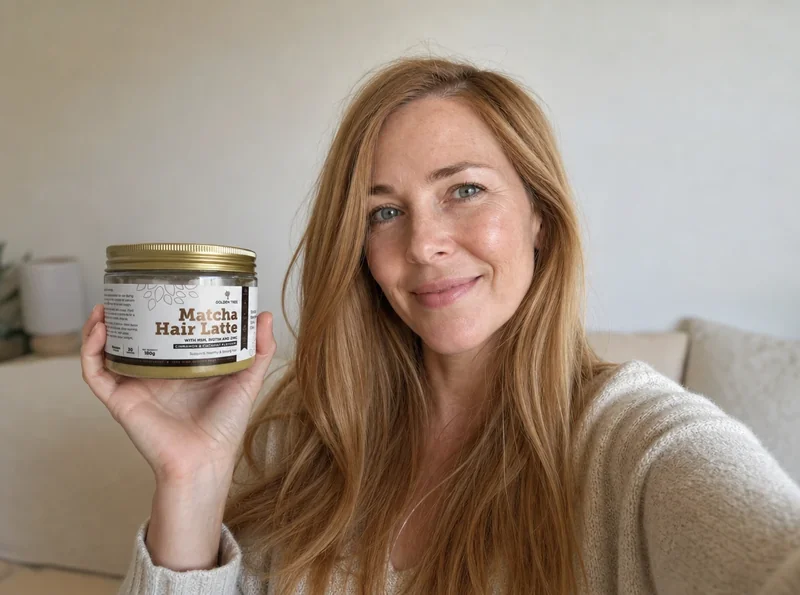 Woman holding Golden Tree Hair Latte product