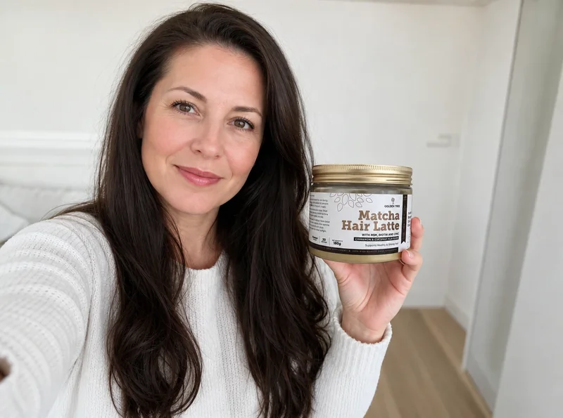 Woman selfie holding Golden Tree Hair Latte