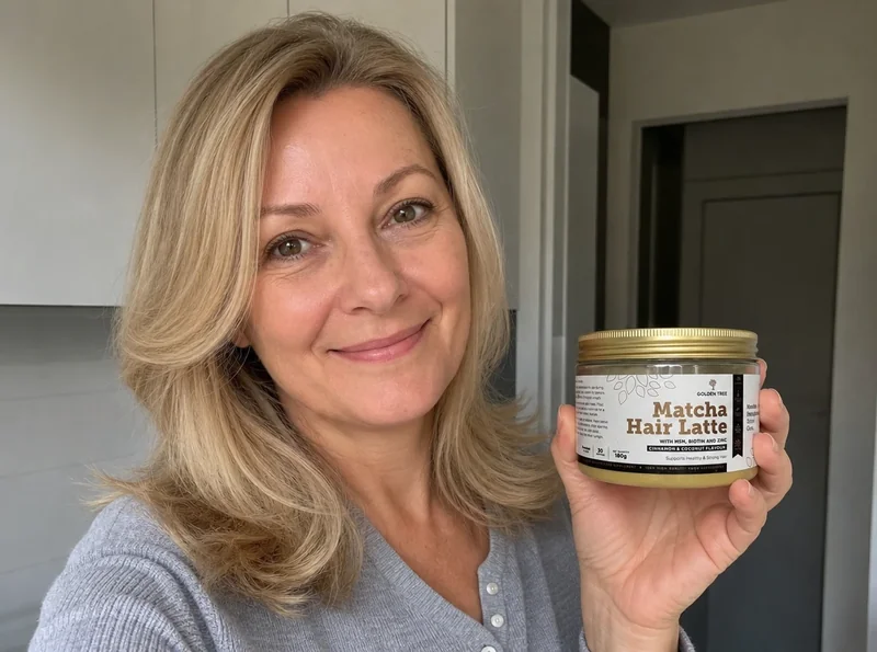 Blonde woman 51 holding round hair supplement