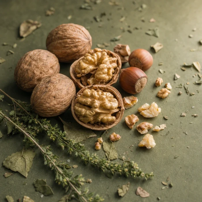 Walnuts and botanical sprig on olive board