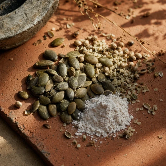 Pumpkin seeds and zinc mineral on terracotta