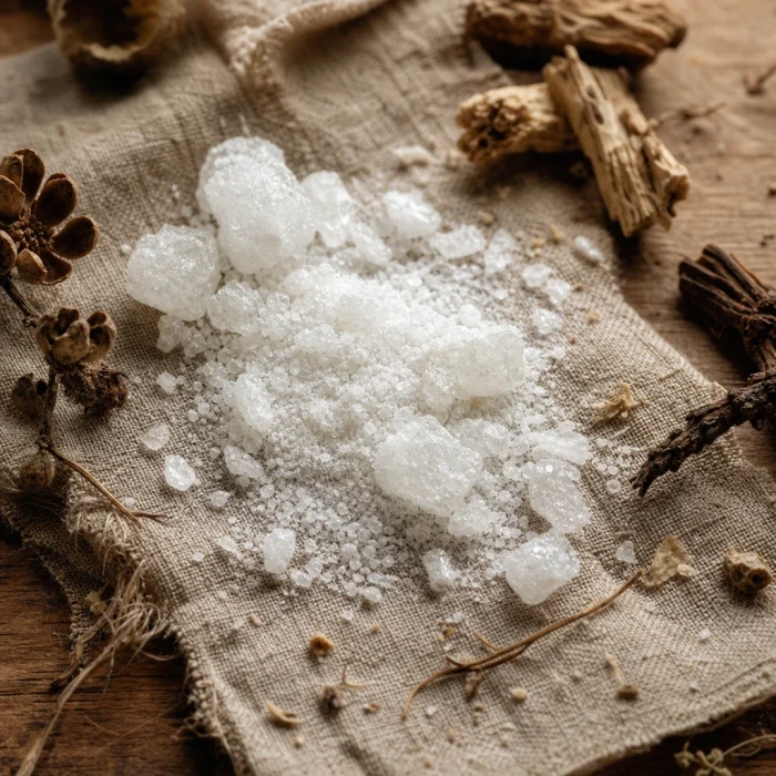 MSM crystals on linen apothecary table
