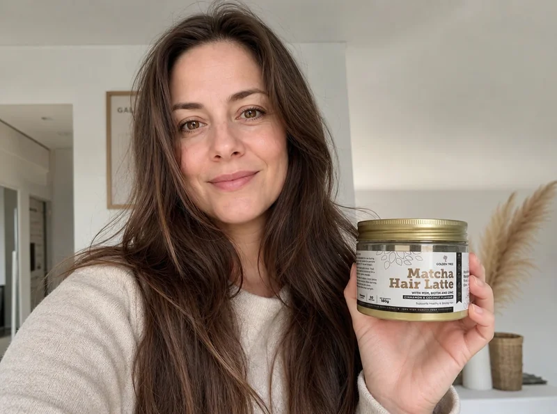 Woman holding Golden Tree matcha hair supplement