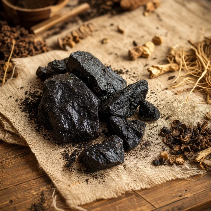 Shilajit resin on linen apothecary surface
