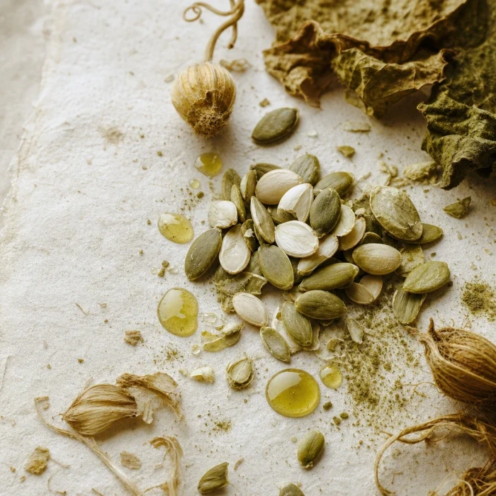Pumpkin seeds on handmade paper surface