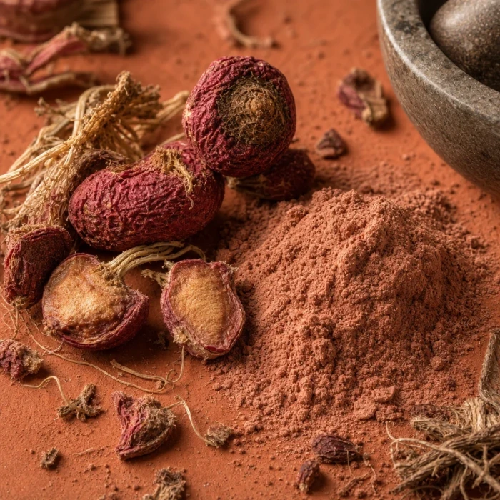 Red maca root powder on terracotta surface