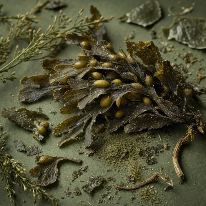 Raw bladderwrack seaweed on olive board