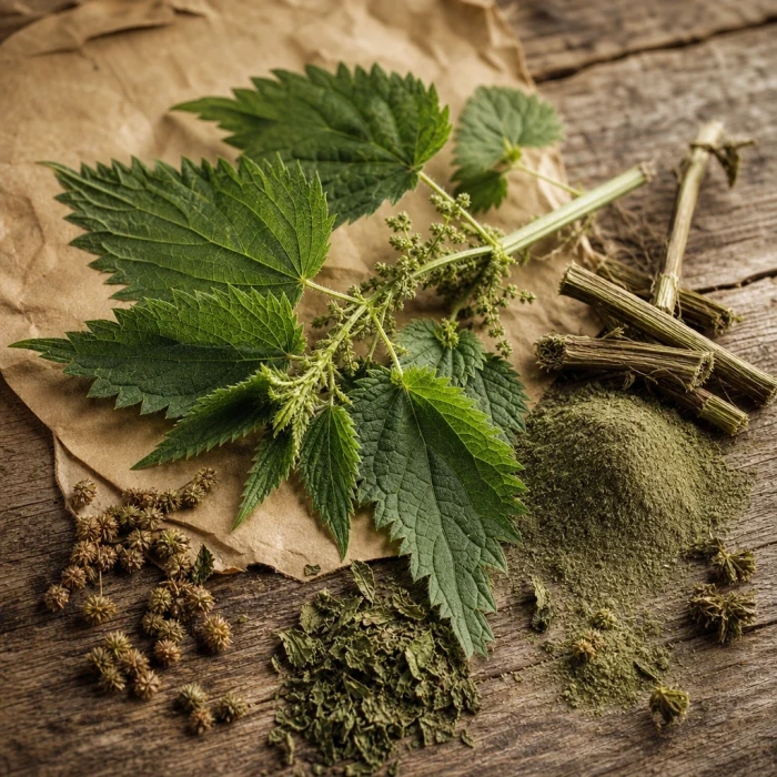 Stinging nettle leaves on weathered wood