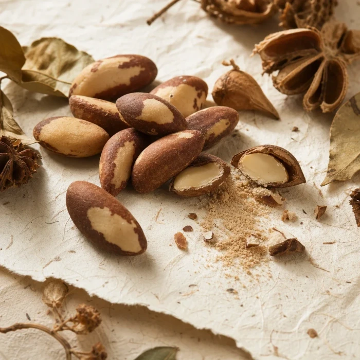 Brazil nuts and seed pods on handmade