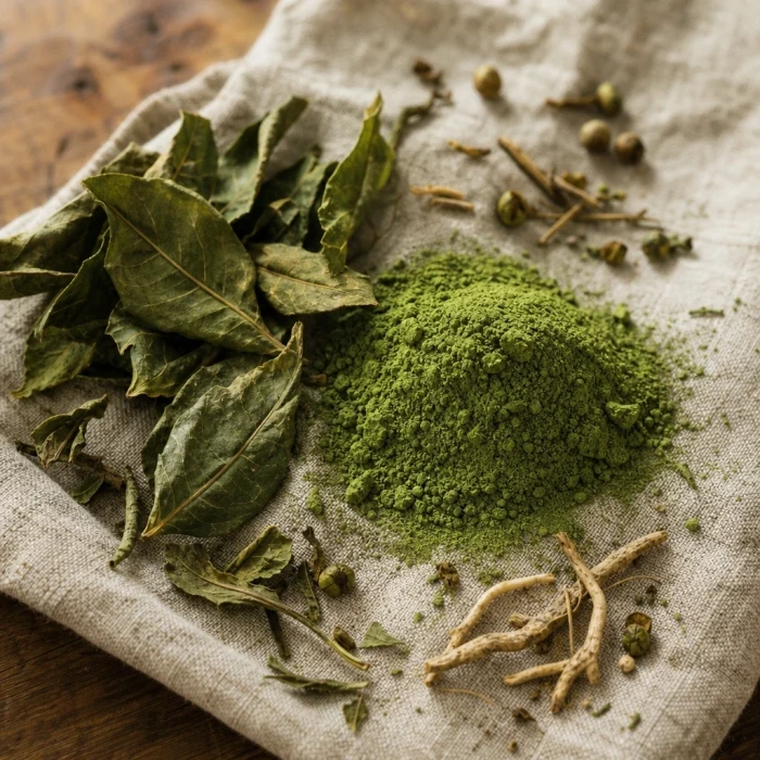 Matcha powder and dried tea leaves
