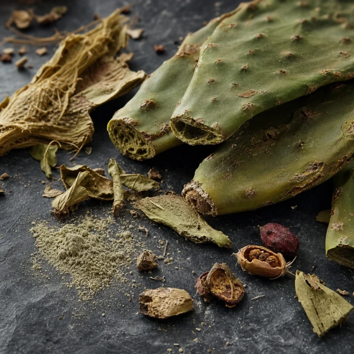 Prickly pear cladode fragments on dark slate