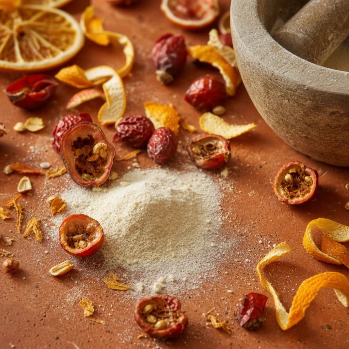 Rosehips and citrus peel on terracotta surface