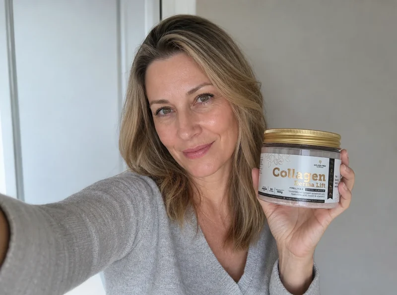 Woman selfie holding collagen pouch