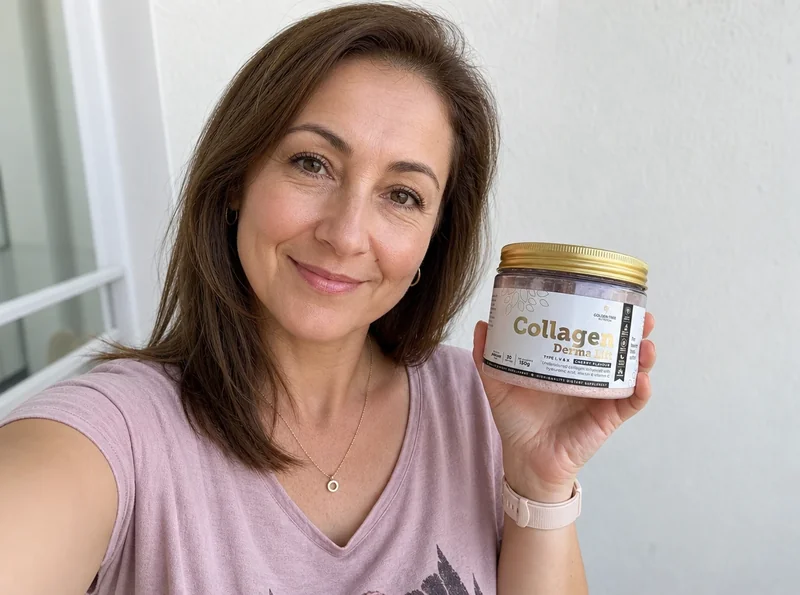 Woman holding Golden Tree Collagen pouch selfie