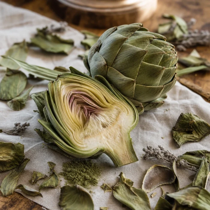Artichoke leaves and extract on linen wood