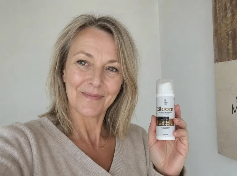 Woman aged 54 selfie holding product