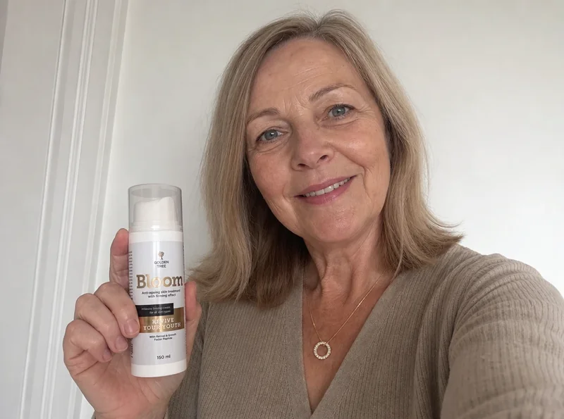 Woman aged 61 selfie holding product