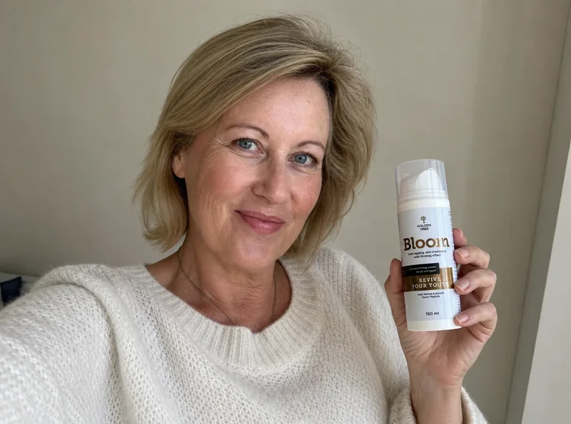 Woman aged 57 selfie holding product