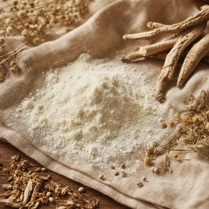 Bovine collagen powder on linen wood surface