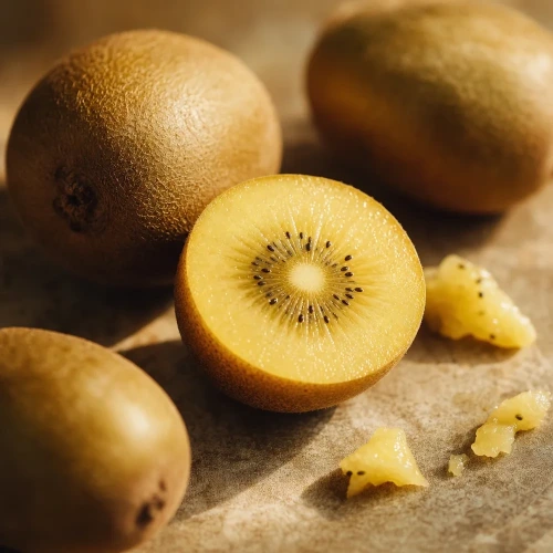Golden kiwi halved on linen surface