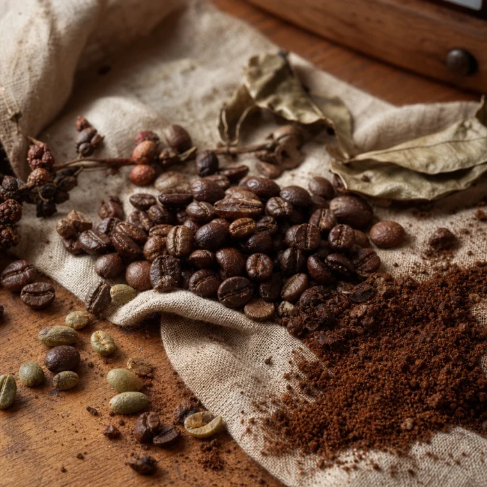 Coffee beans on linen and wood