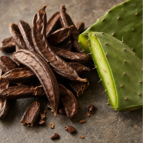 Carob pods and nopal cactus on stone