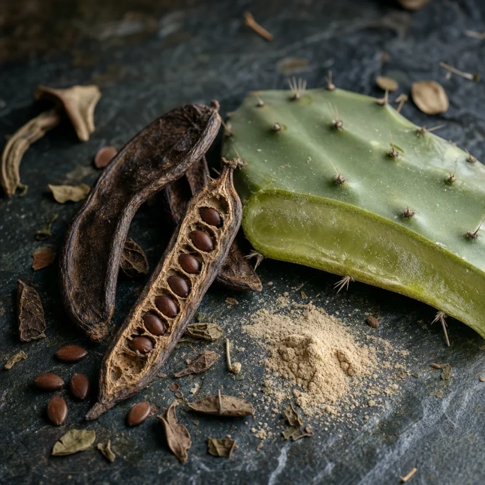 Johannesbroodpeul en nopalcactus op leisteen