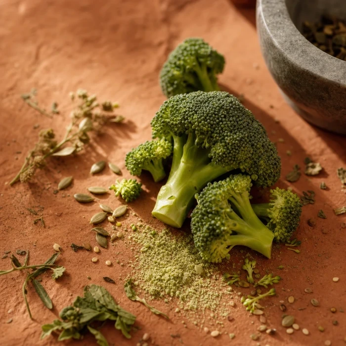 Stukjes broccoli op terracotta met mortel