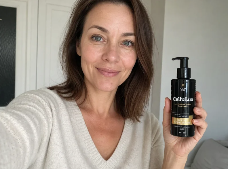 Woman 44 holding CelluLux product selfie