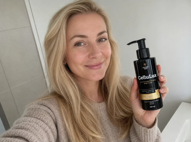 Blonde woman selfie holding CelluLux bottle