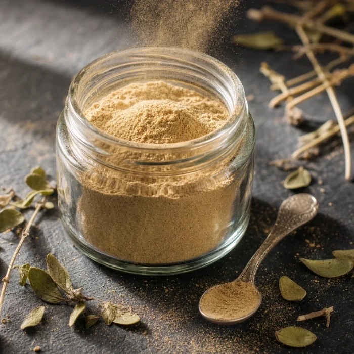 Fine botanical dust in apothecary glass jar