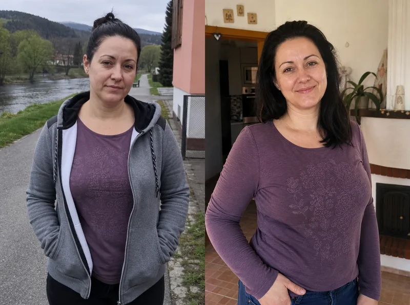 Woman before and after coffee supplement routine