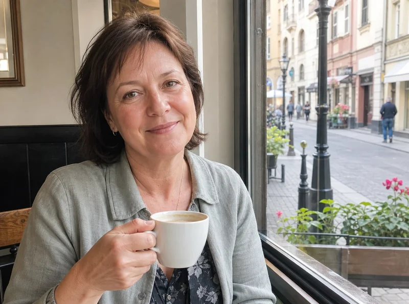 Woman enjoying coffee at European café
