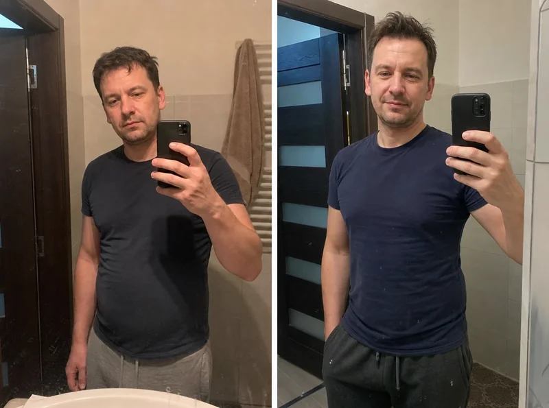 Man s before and after mirror selfies