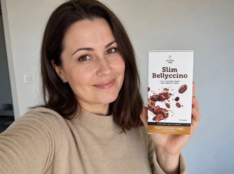 Woman holding SlimBellyccino product selfie