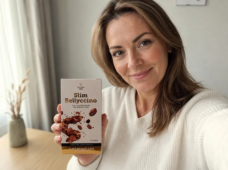 Woman holding SlimBellyccino product selfie