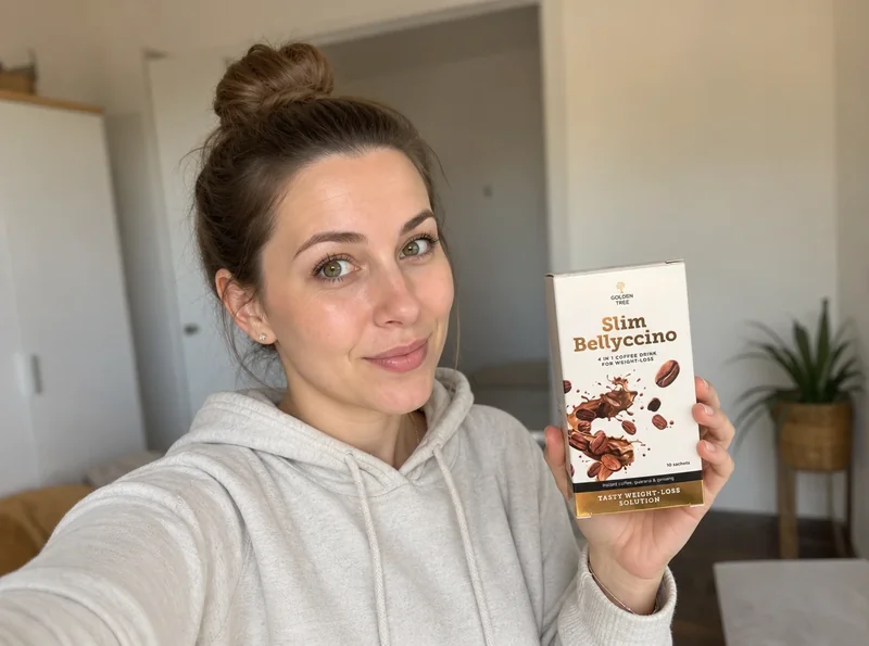 Young woman holding SlimBellyccino product selfie