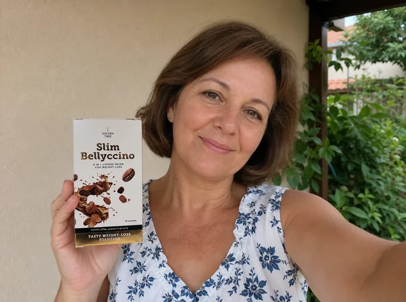 Older woman holding SlimBellyccino product selfie