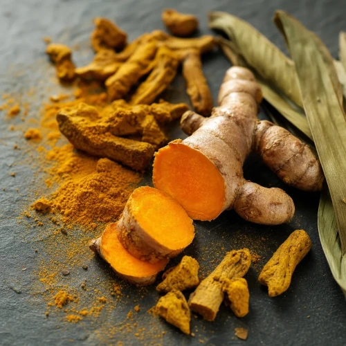 Turmeric root and golden curcumin powder