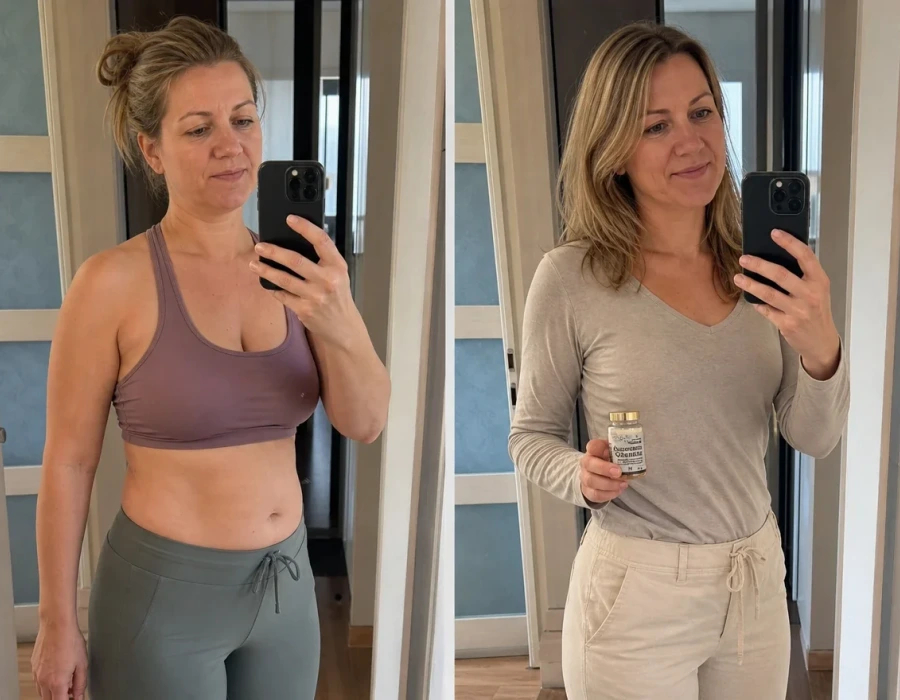 Woman mirror selfie before and after bloating