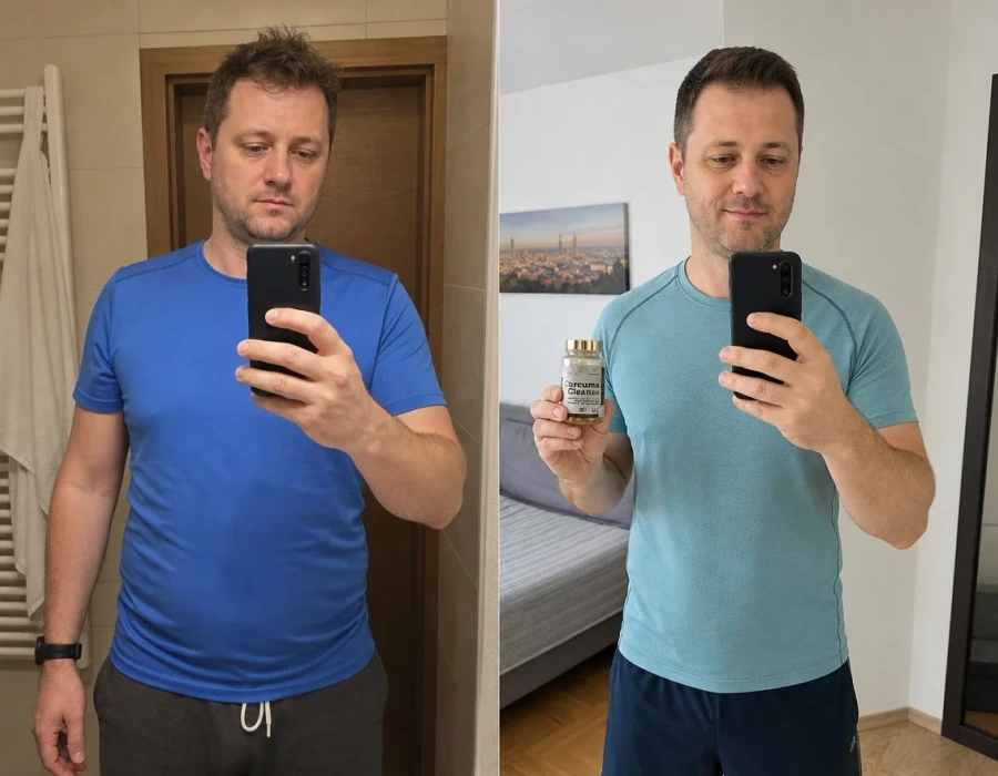 Man mirror selfies before after less bloated