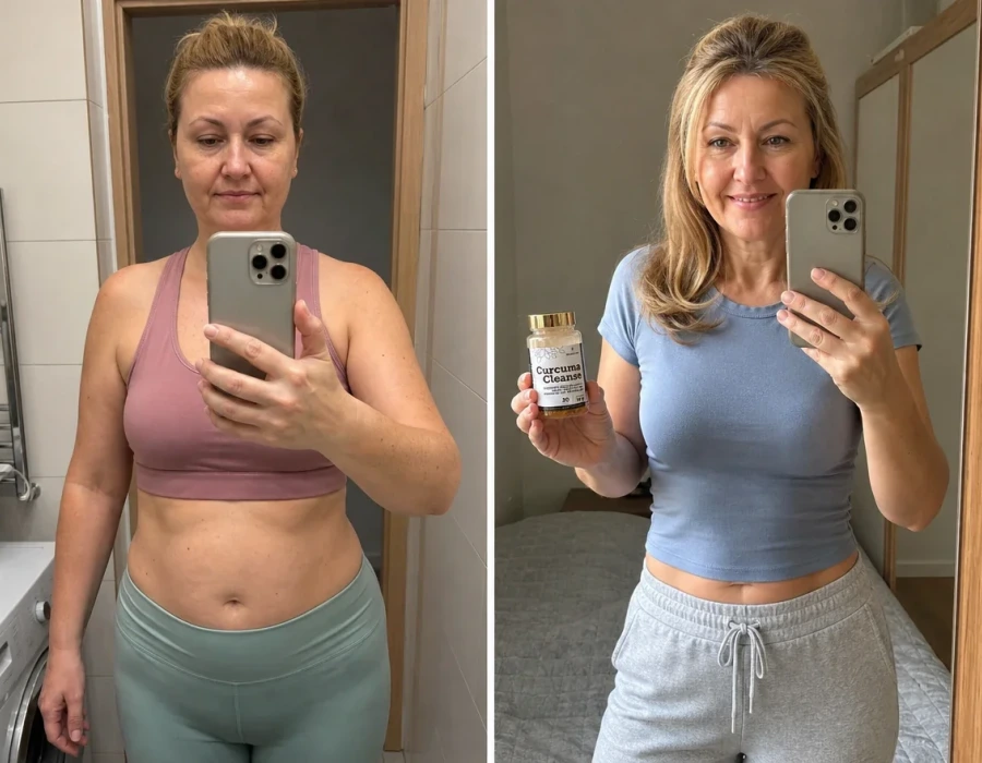 Woman s mirror selfie before and after