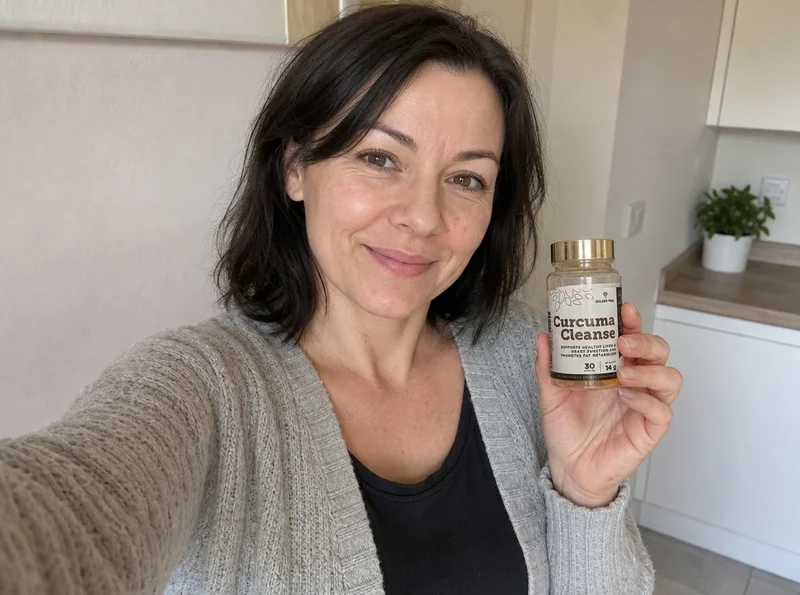 Woman age 42 selfie holding supplement bottle