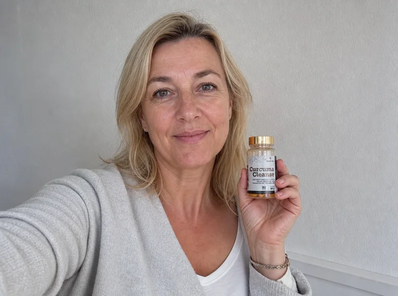 Blonde woman selfie holding Golden Tree supplement