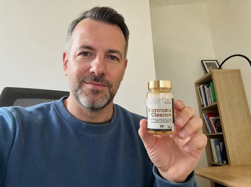 Man age 45 selfie holding supplement bottle