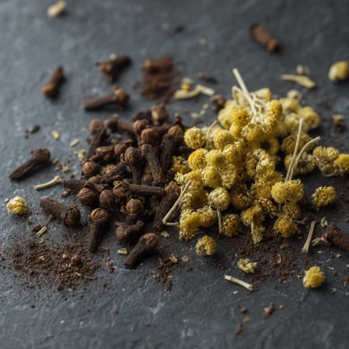 Clove buds and immortelle flowers on slate